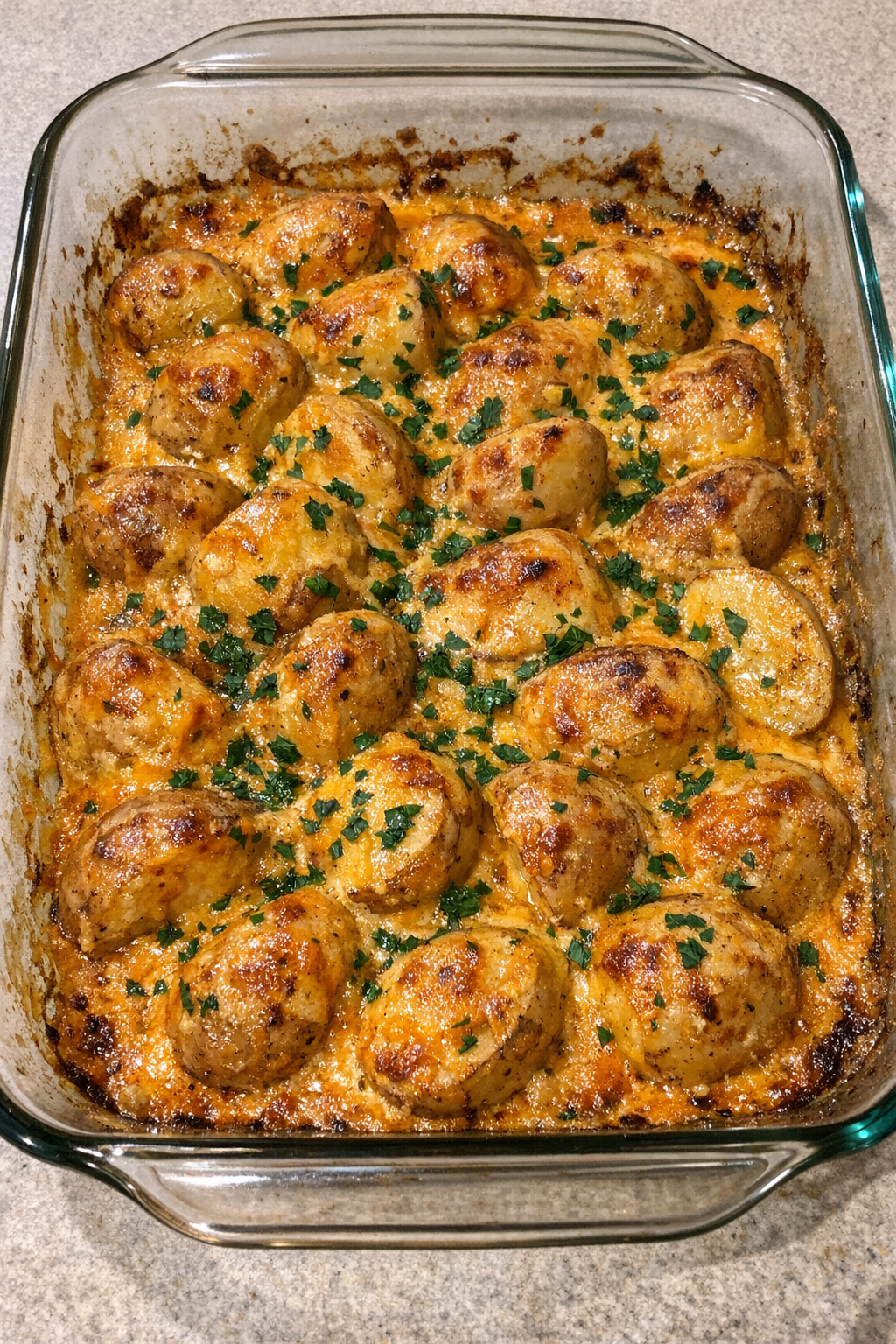 Finished cheesy ranch baked new potatoes in a glass casserole dish