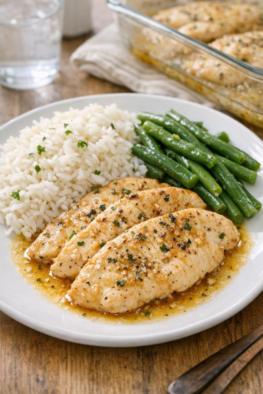 Finished baked chicken cutlets on a dinner plate