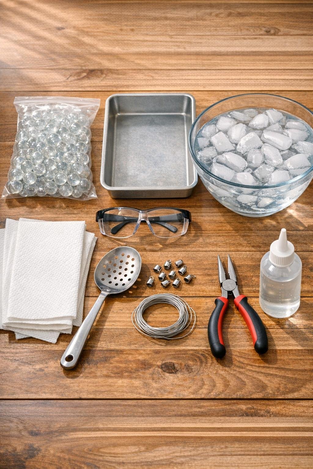 Materials for making cracked crystal ornaments laid out on a table