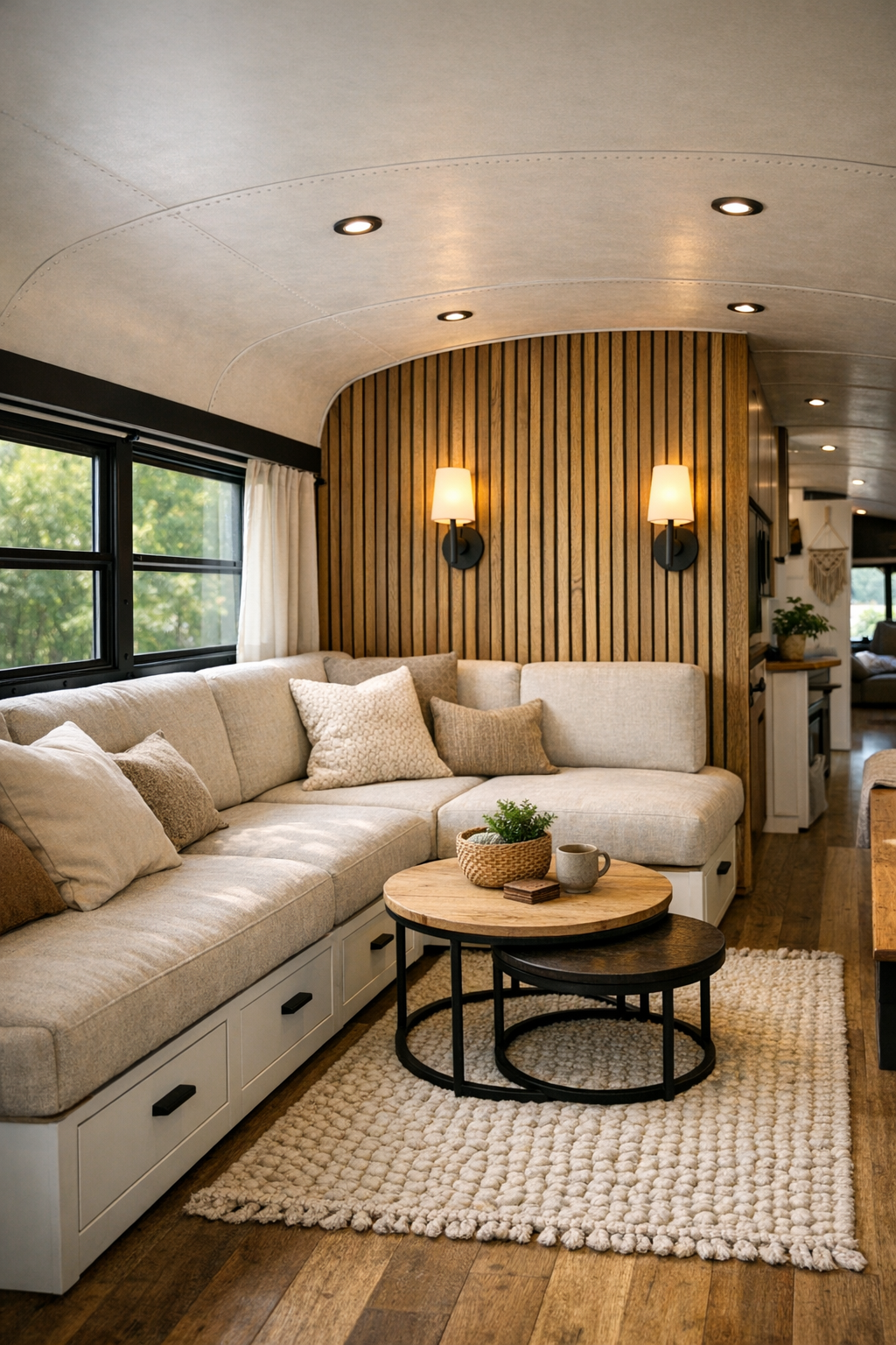Compact bus living room with bench sofa and oak slat wall