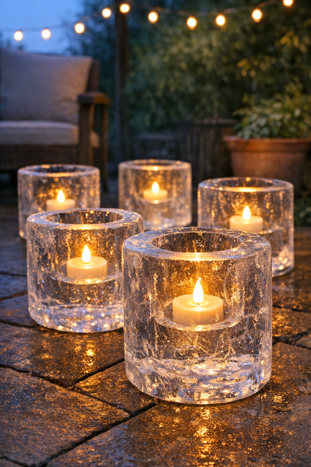 Finished patio ice luminaries glowing with LED tea lights