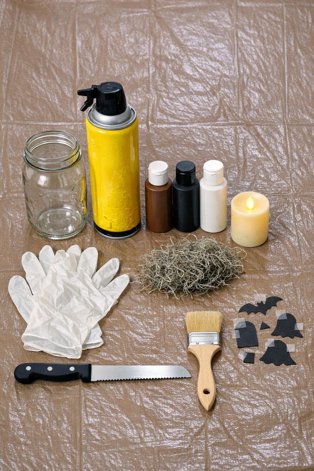 Materials for the haunted tree stump lantern laid out on a tarp