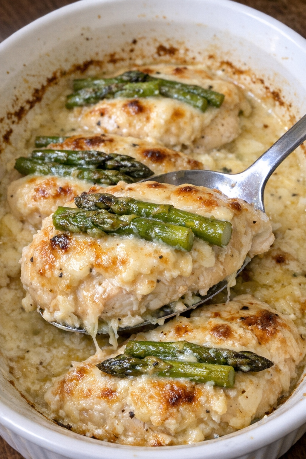 Golden baked chicken breasts with asparagus and creamy sauce in a white casserole dish