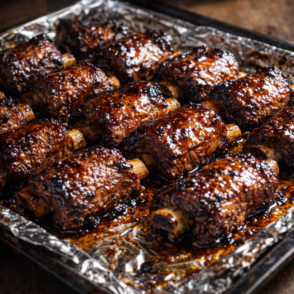 Sticky glaze coating ribs on a foil-lined baking sheet