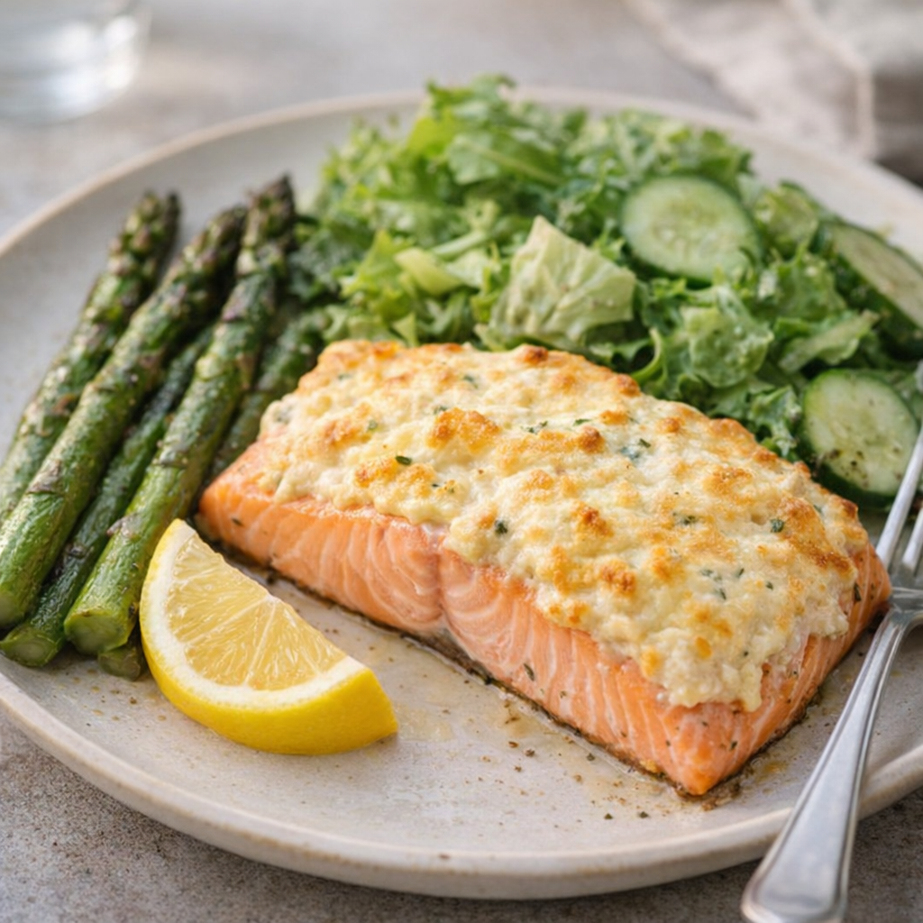 Weeknight salmon dinner plate with asparagus and salad