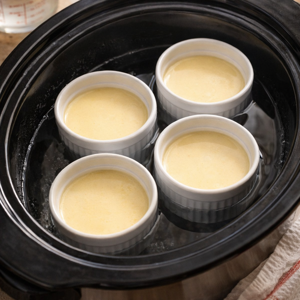 Individual ramekins of custard in a slow cooker water bath