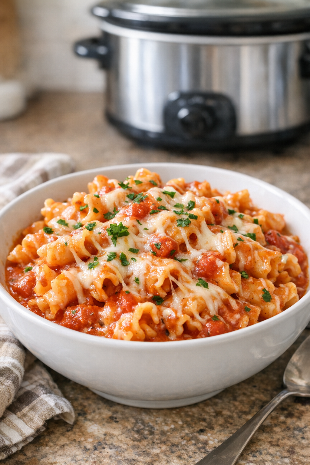 Finished creamy campanelle pasta plated in a bowl