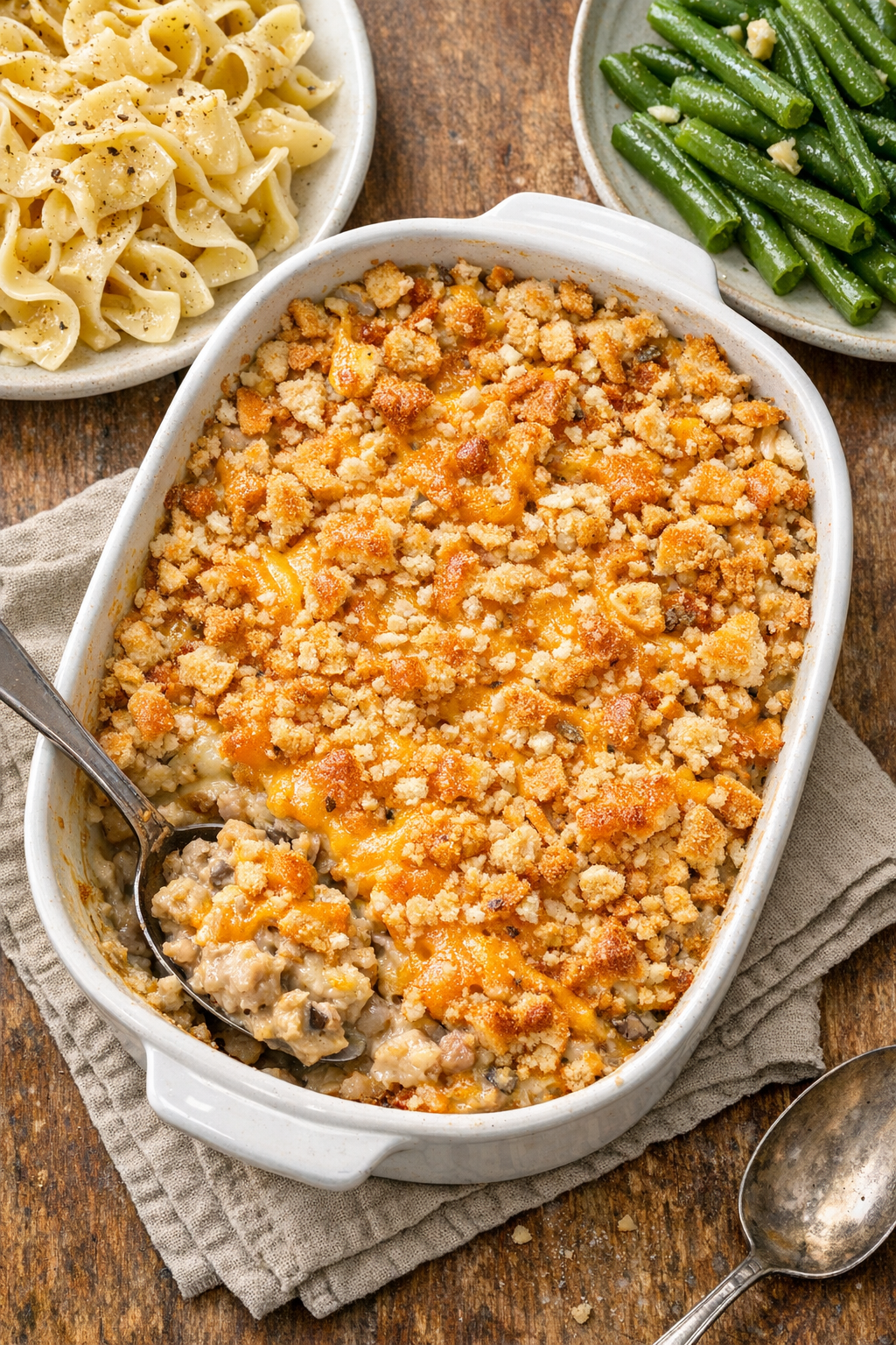 Finished baked tuna casserole in a rustic baking dish