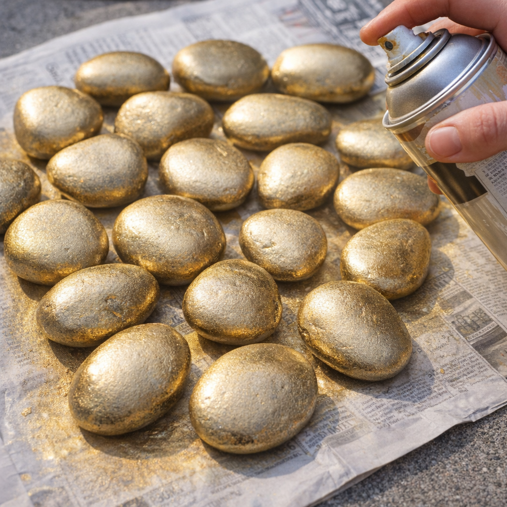 Gold-painted rocks drying with a few needing touch-ups
