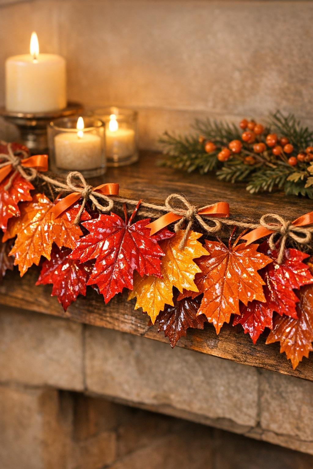 Finished wax-dipped leaf garland displayed on a mantel