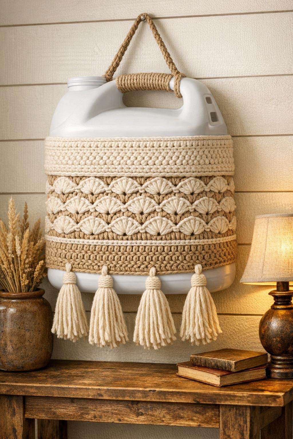 Finished crochet wall hanging made from a white plastic cat litter jug
