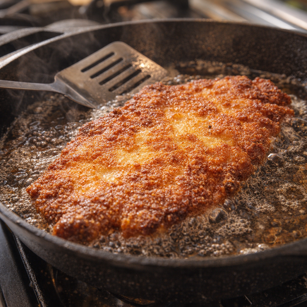 Schnitzel frying in a cast-iron skillet