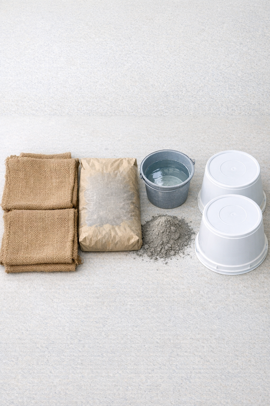 Woven burlap potato sacks, cement, and buckets arranged as project materials