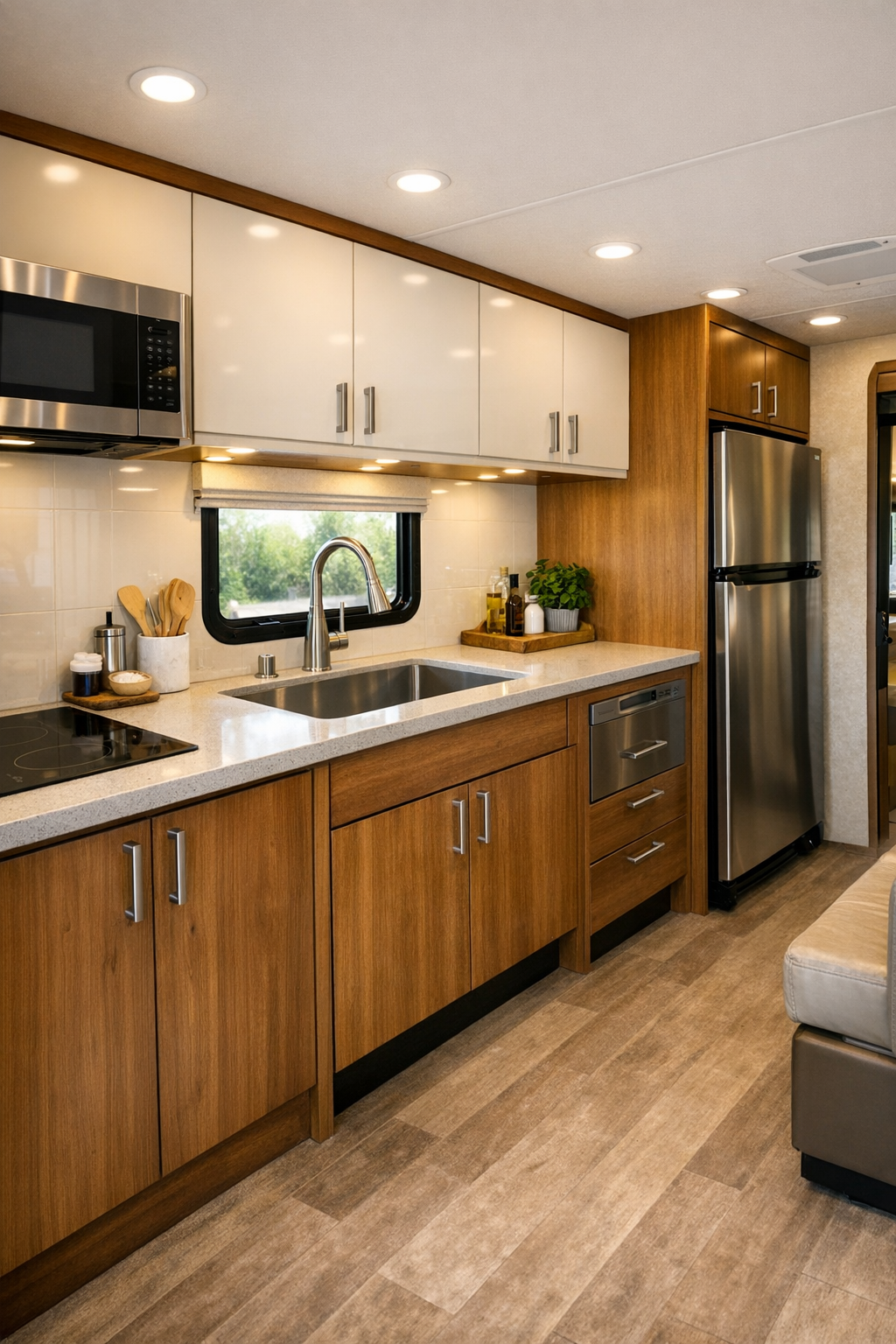 Compact accessible RV kitchen with warm wood cabinets and bright counters