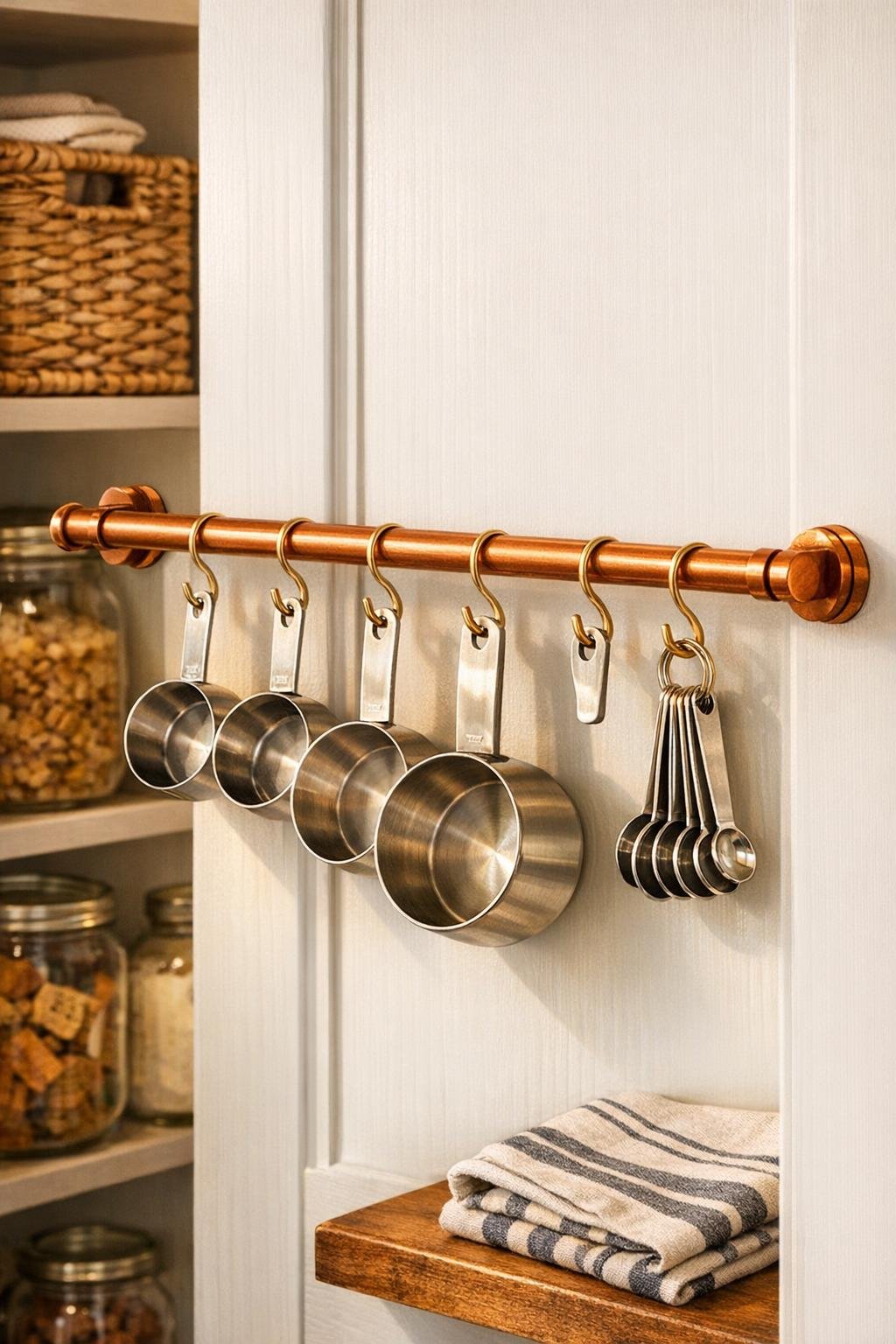 Finished measuring cup rack inside a pantry door