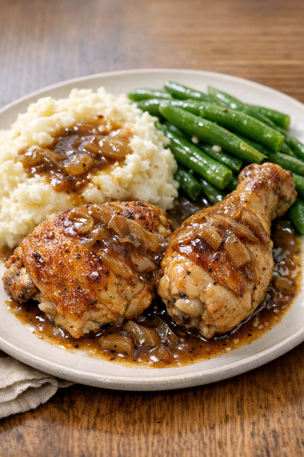 Plated baked chicken with gravy and sides