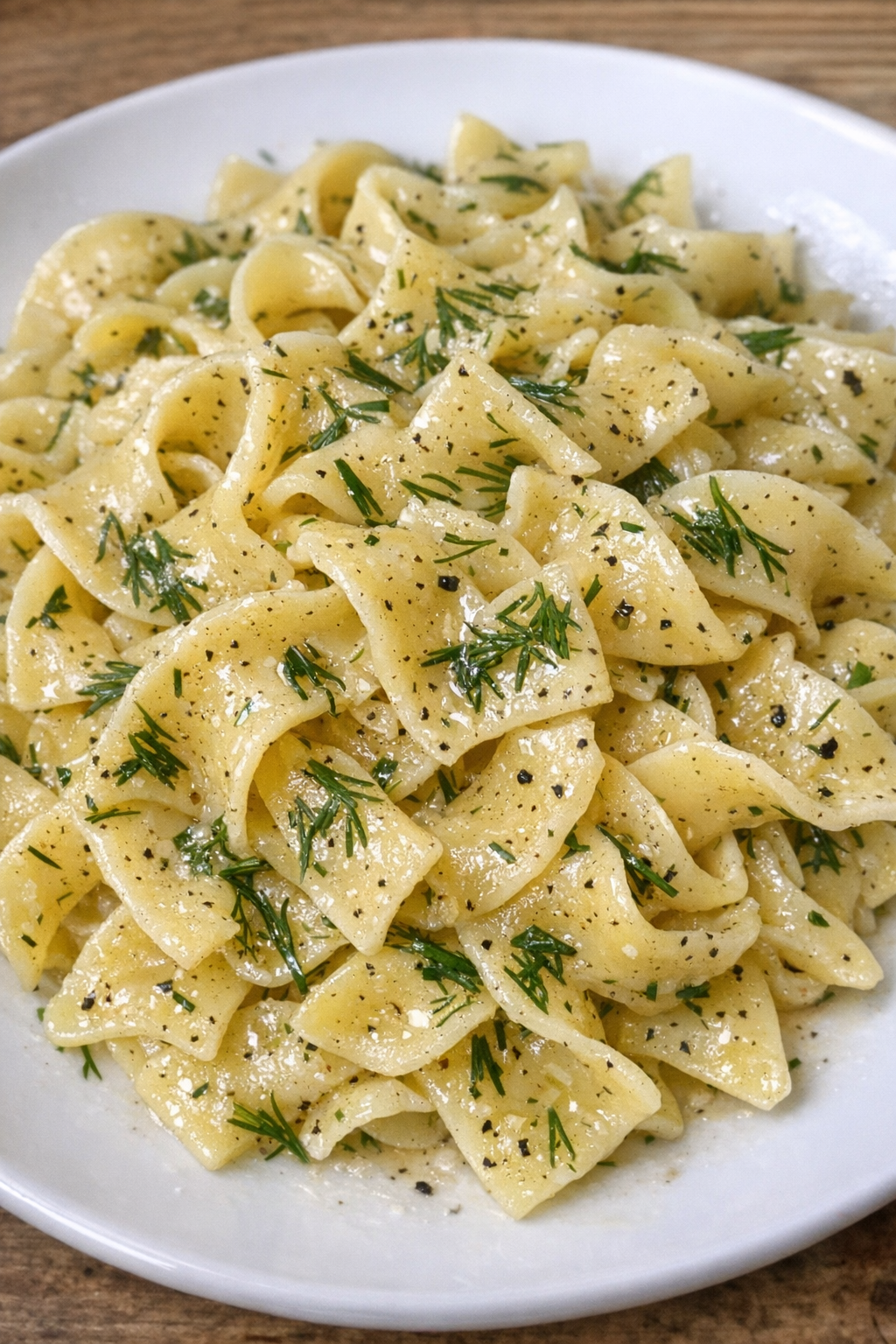 Buttery Amish dill noodles with fresh dill on a white plate