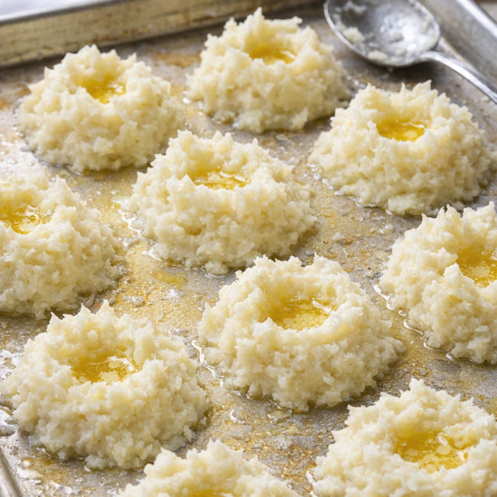 Shaped potato mounds on a baking sheet