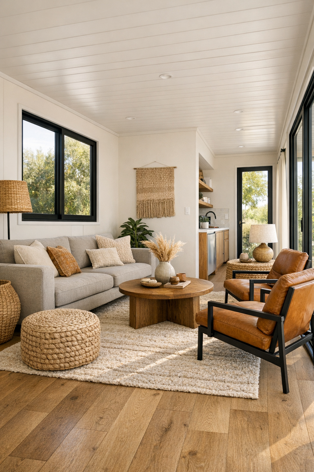 Warm modern living room with oak floors, soft neutral seating, and large black-framed windows