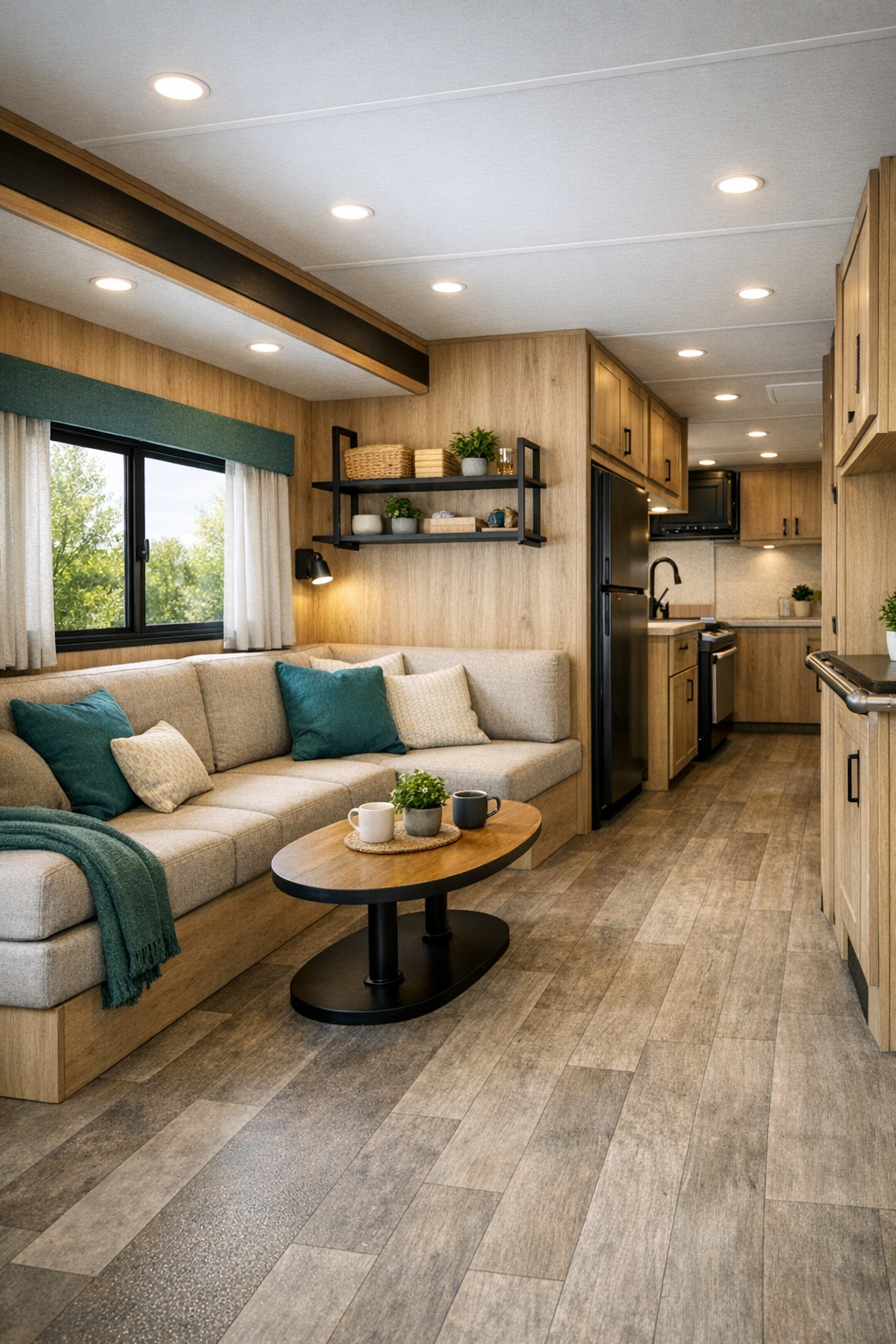 Accessible RV camper living room with teal accents, pale wood, and matte black steel details