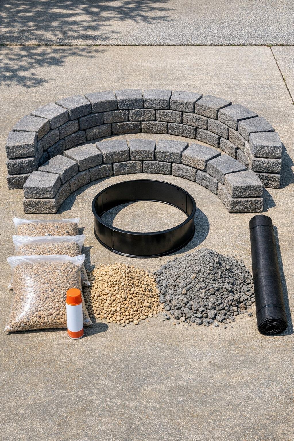 Materials for building a backyard fire ring laid out together