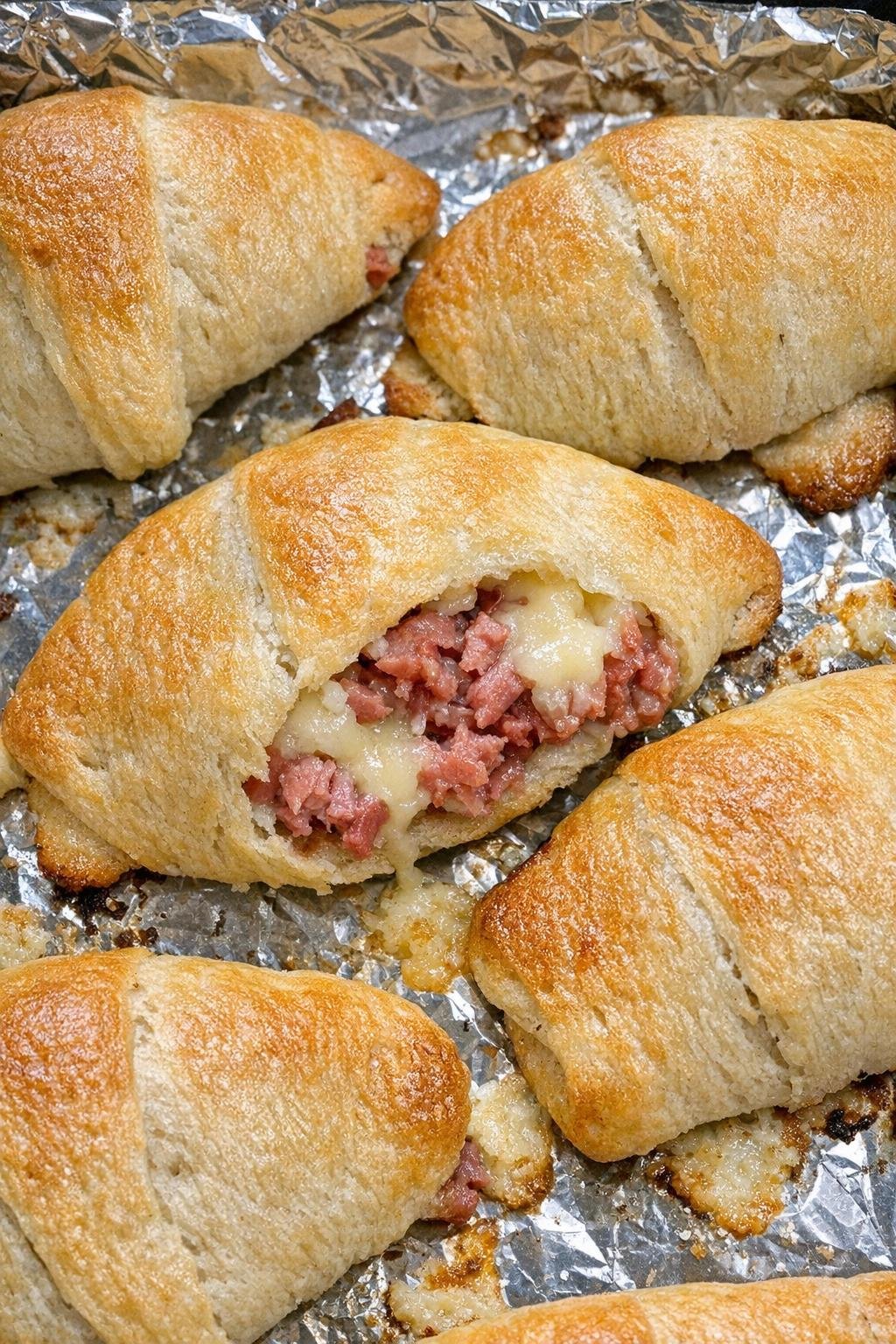 Golden crescent puffs with corned beef and havarti on a foil-lined baking sheet