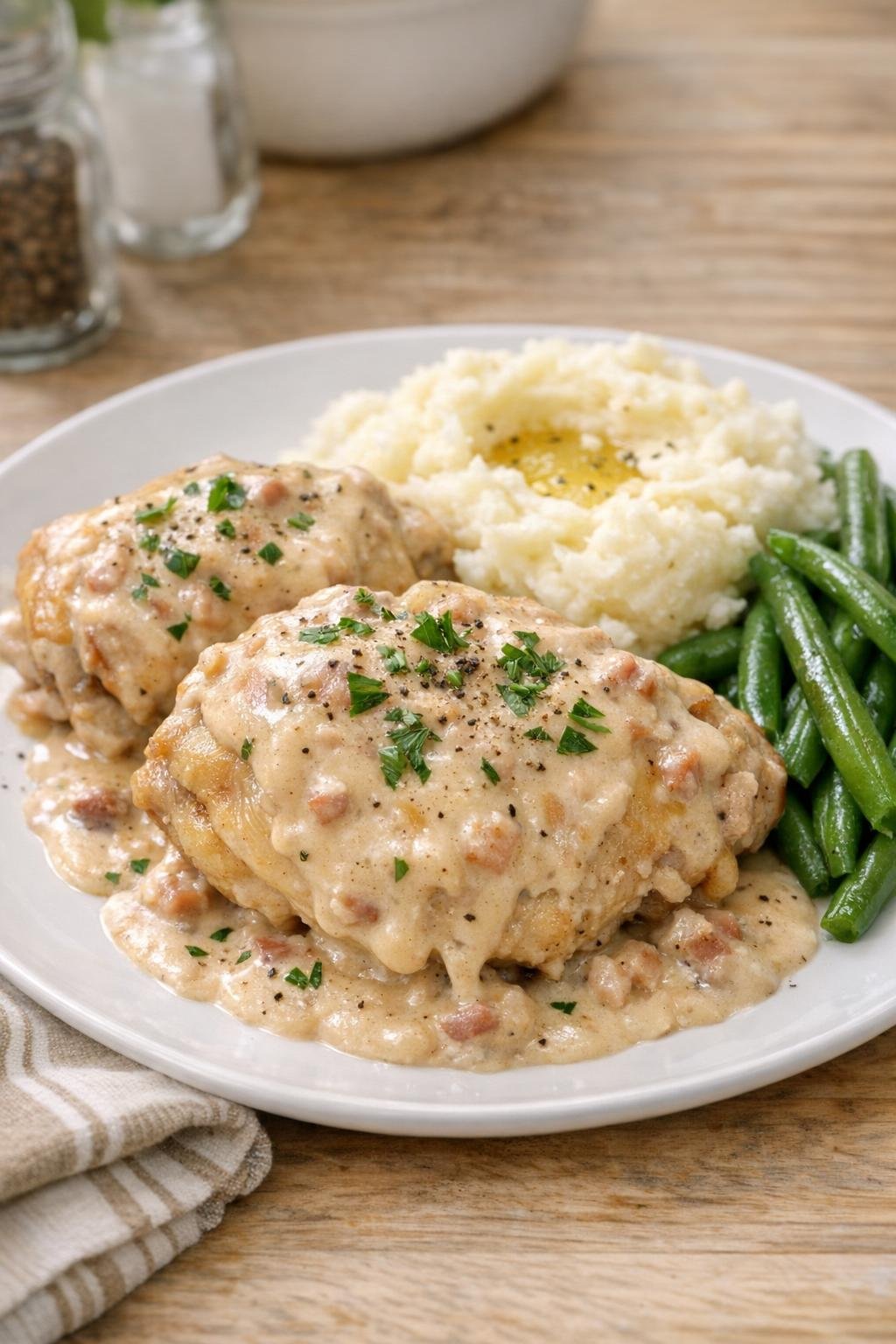 Finished creamy bacon chicken plated with sauce