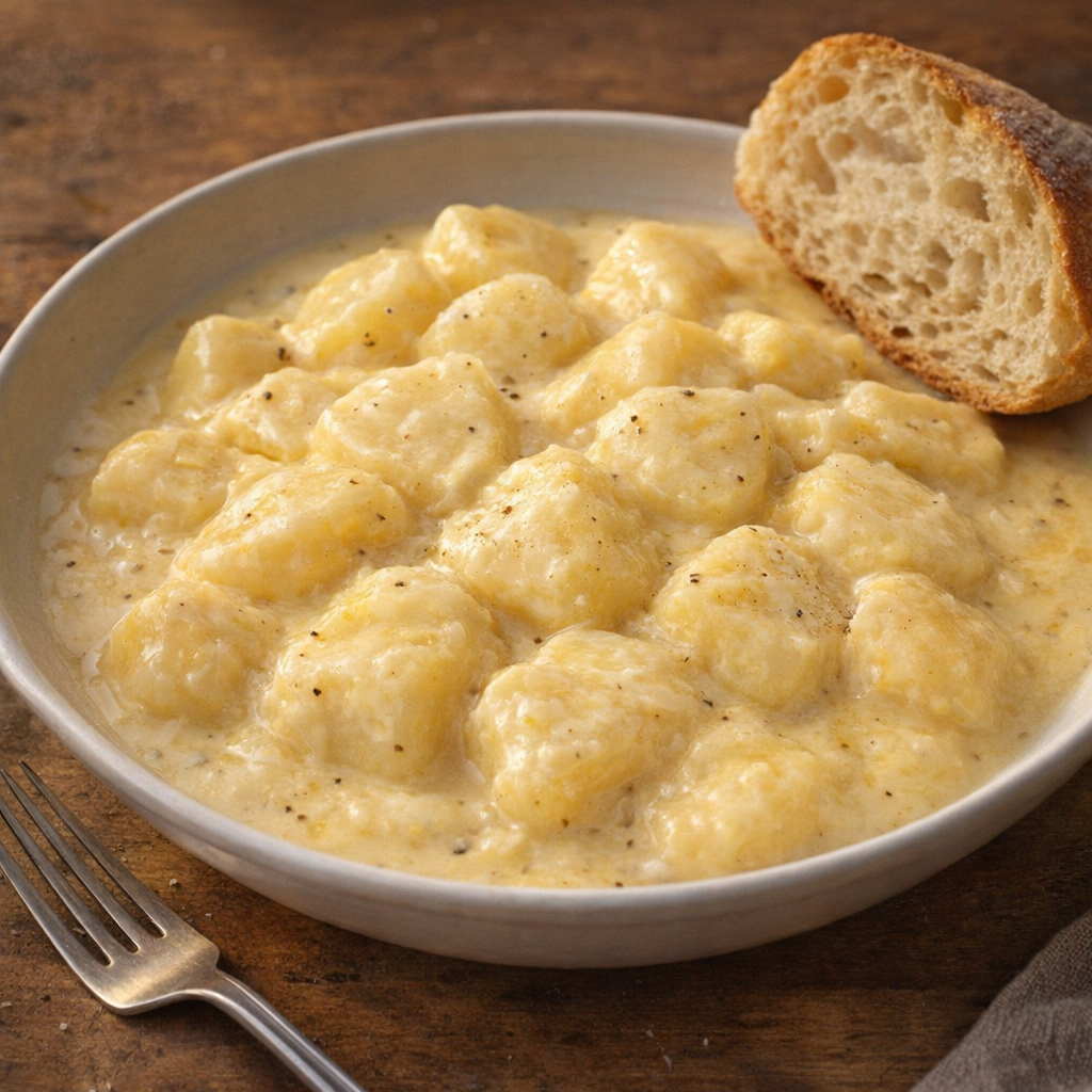 Creamy potatoes served in a shallow bowl with bread