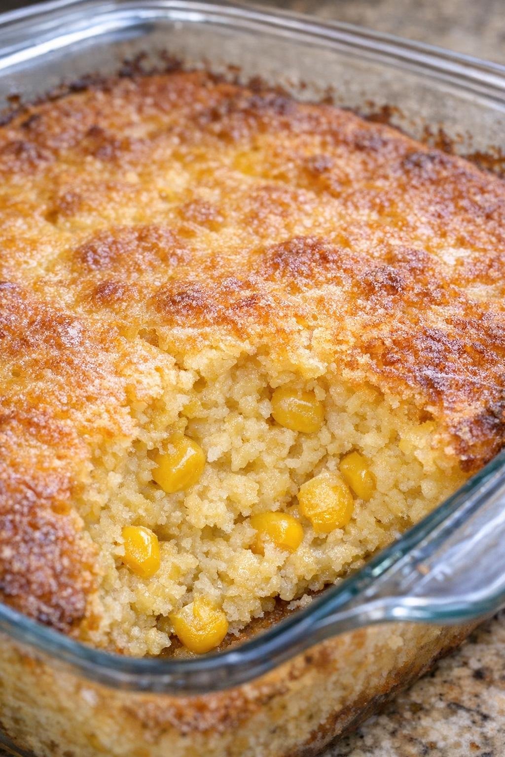 Close-up of baked 4-ingredient corn casserole in a glass dish