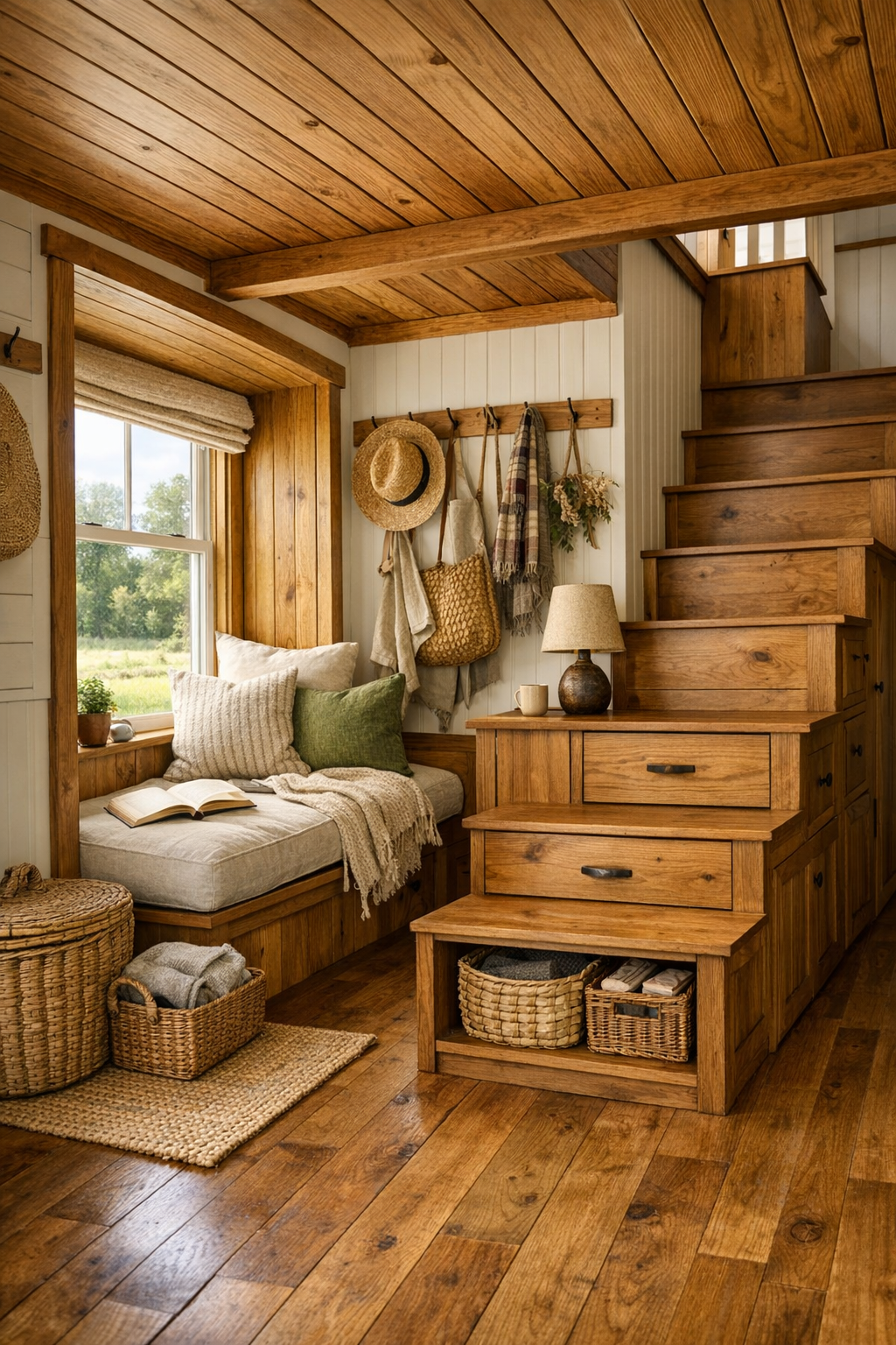 Thoughtful tiny home secondary space with reading nook, built in storage, and handcrafted wood details