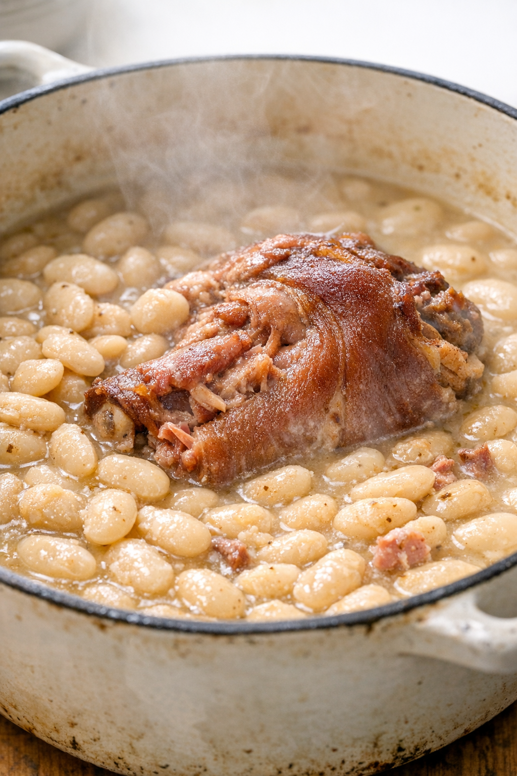 Creamy butter beans with ham hock after simmering