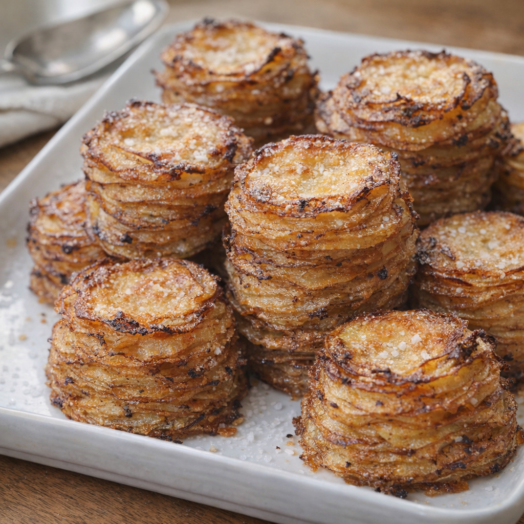 Warm crispy potato stackers on a white platter