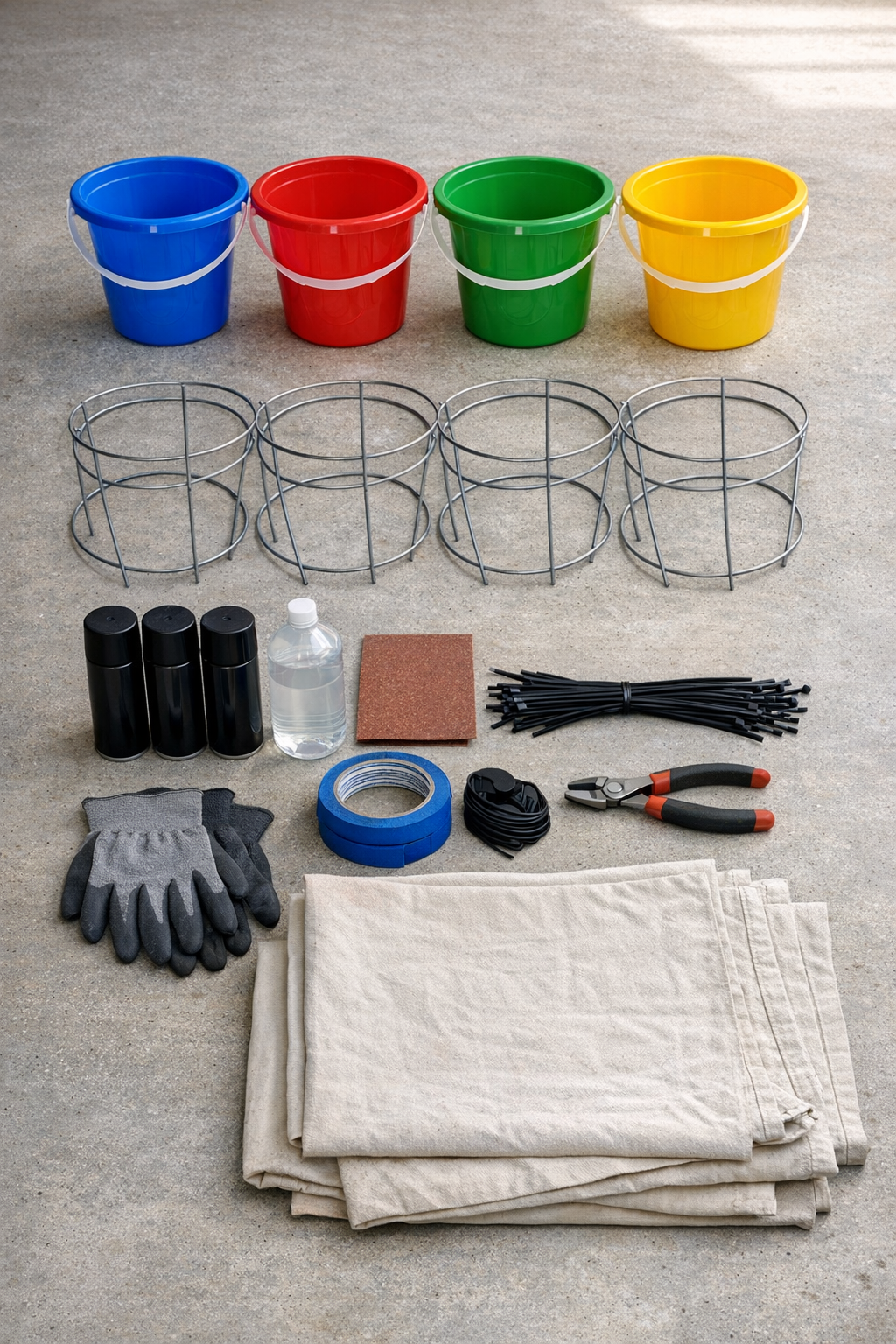 Materials laid out for four tall porch planters