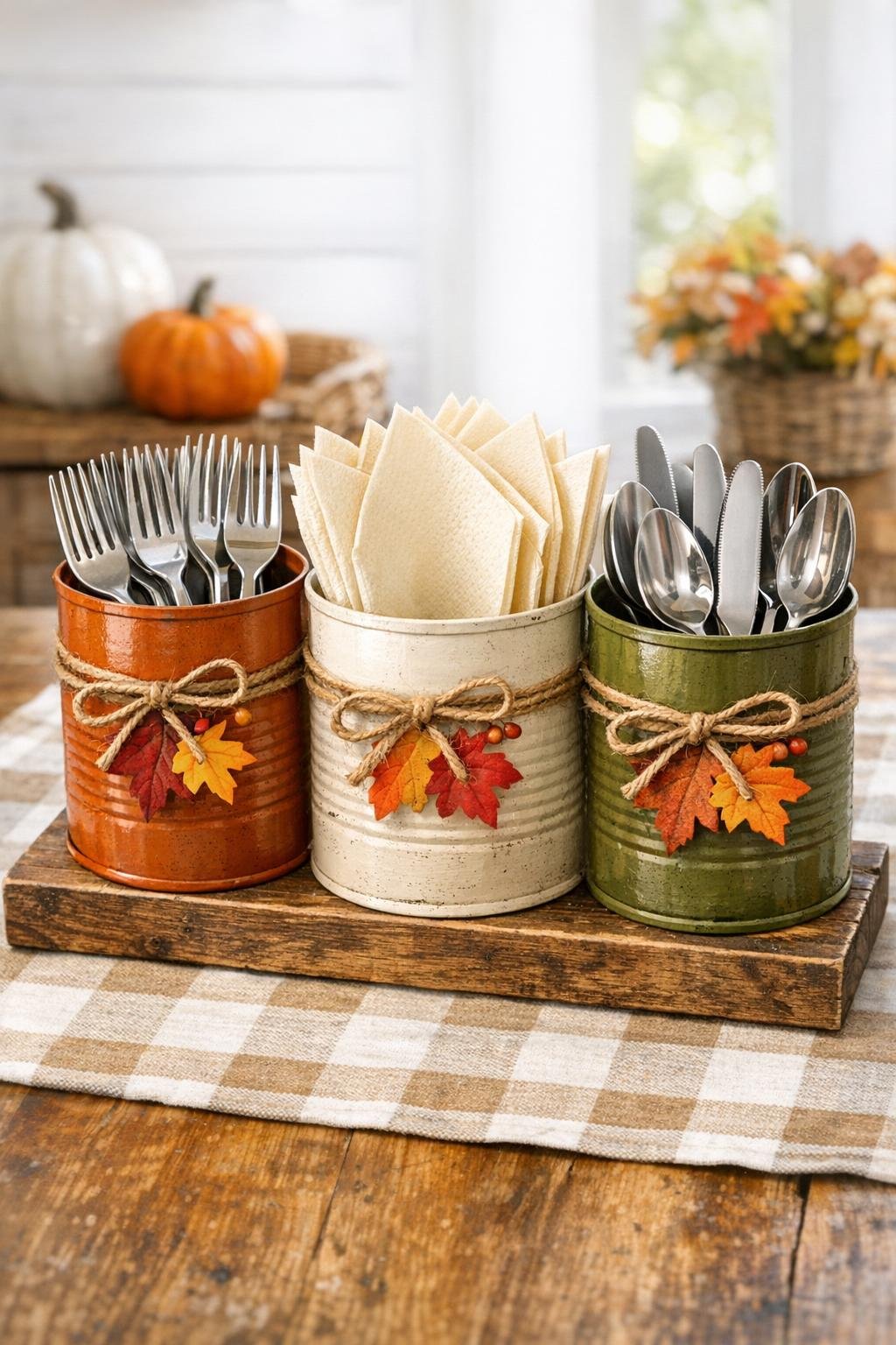 Finished fall utensil caddy made from three coffee cans