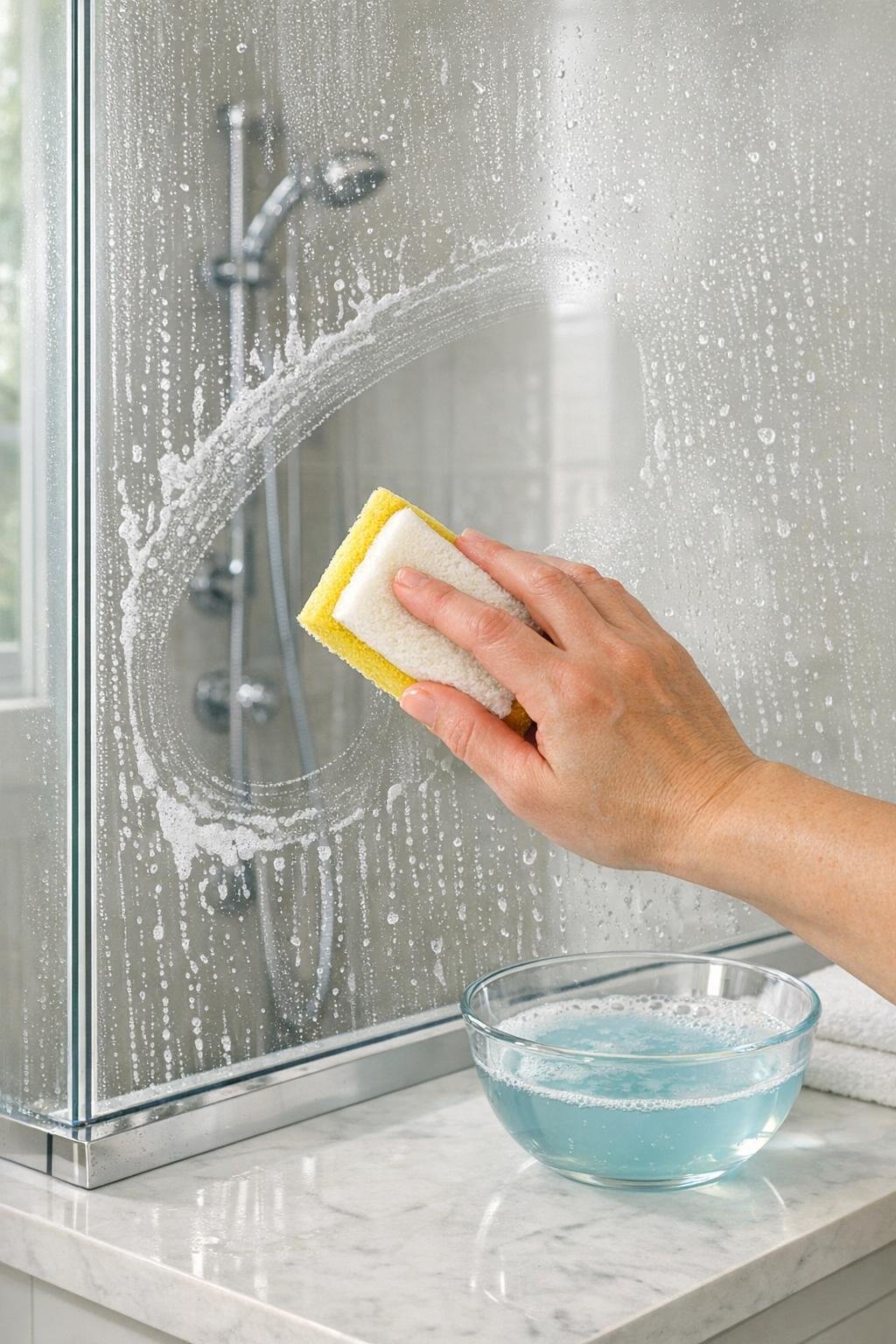 Glass shower door being cleaned to remove soap scum