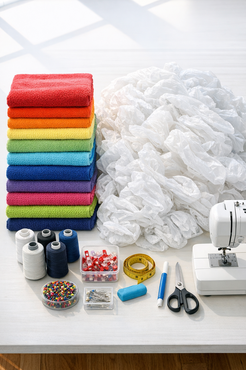 Bright beach towels, plastic grocery bags, and sewing supplies laid out for making patio floor cushions