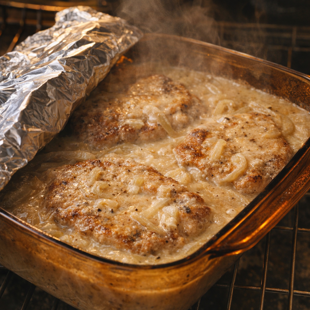 Foil lifted from casserole dish of pork chops mid-bake