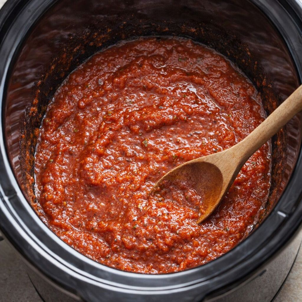 Sauce spread in the bottom of a slow cooker
