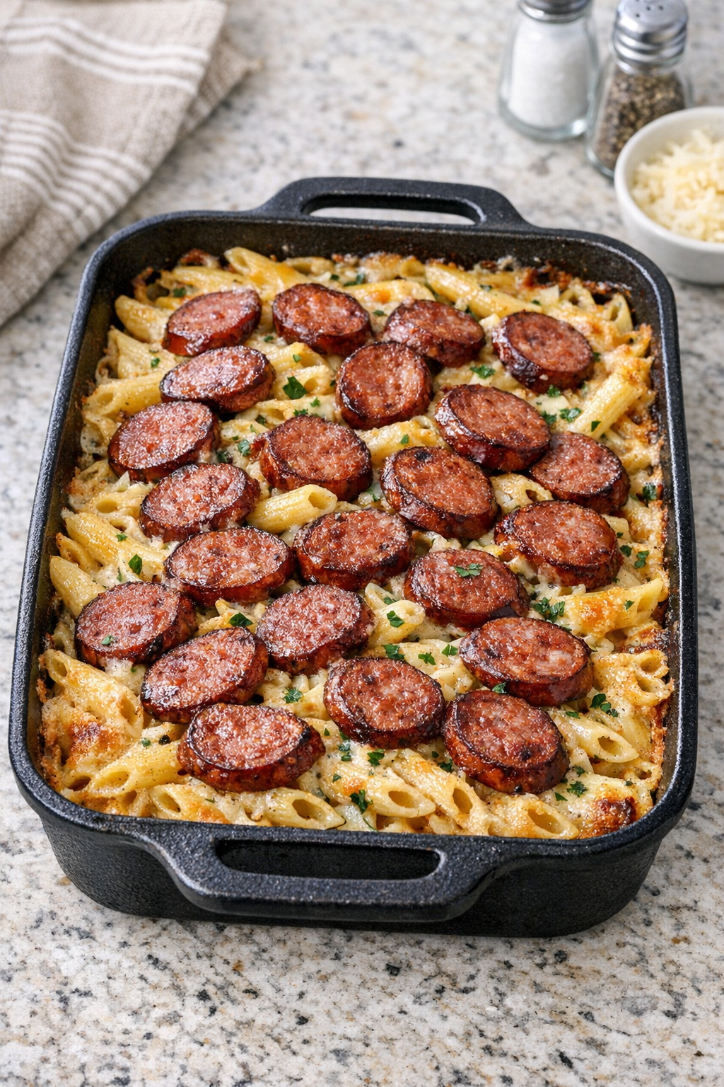 Finished kielbasa pasta bake in a cast iron baking dish