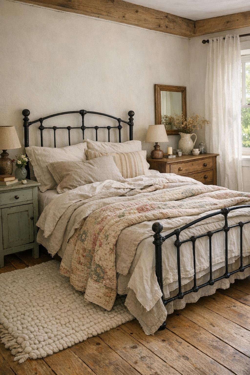 Peaceful cottage bedroom with iron bed and layered linen bedding