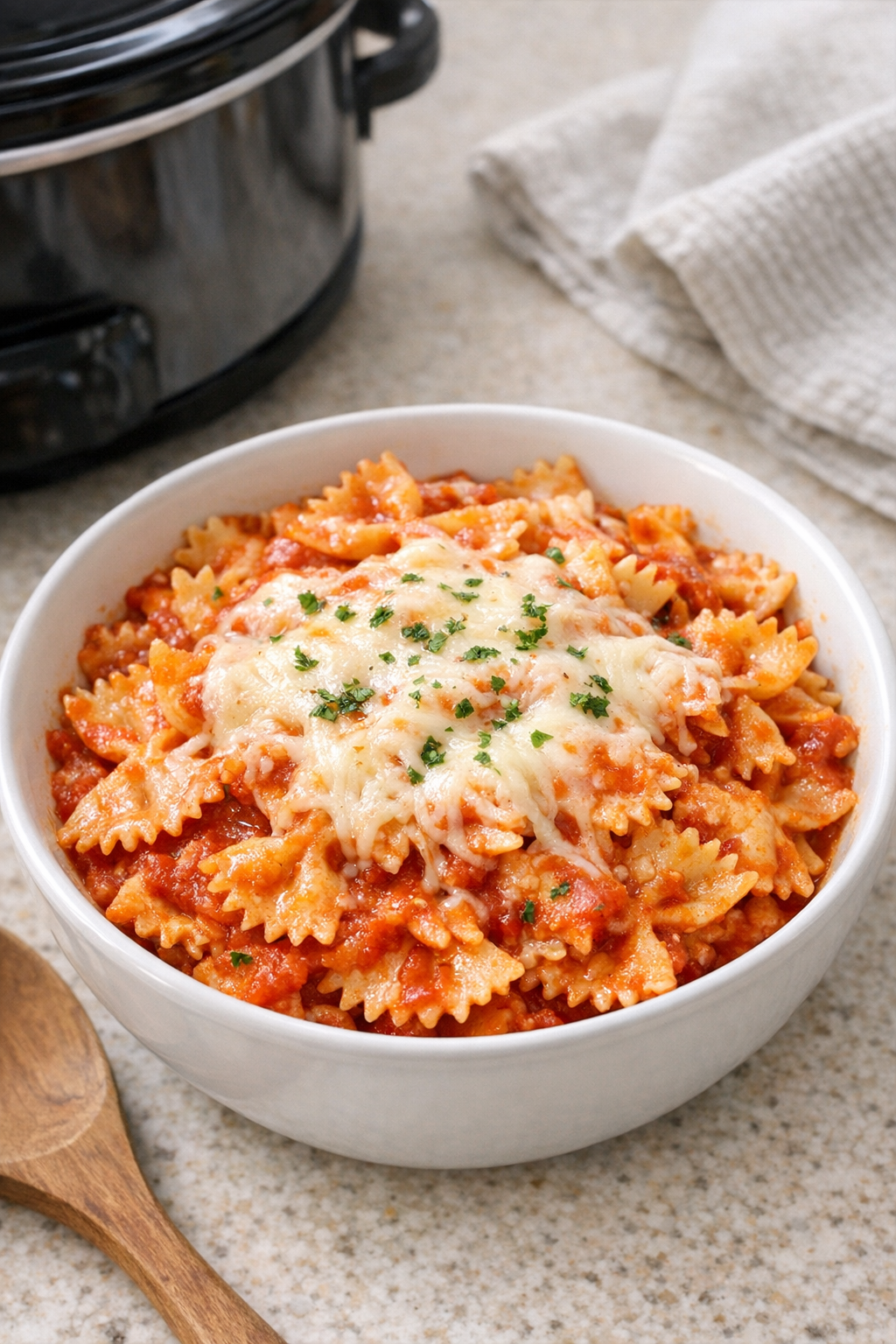 Finished cheesy farfalle pasta plated in a bowl