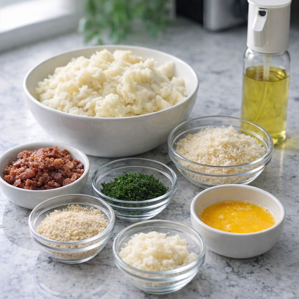Ingredients for potato balls arranged on a kitchen counter