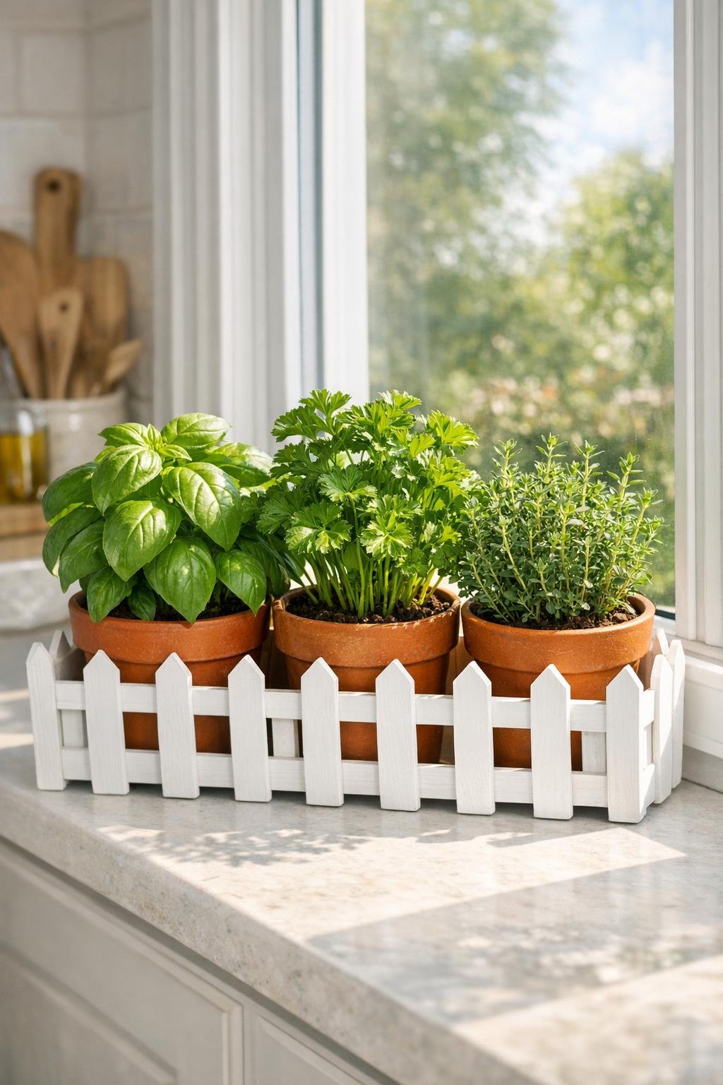 Finished windowsill herb display in a white mini picket fence planter