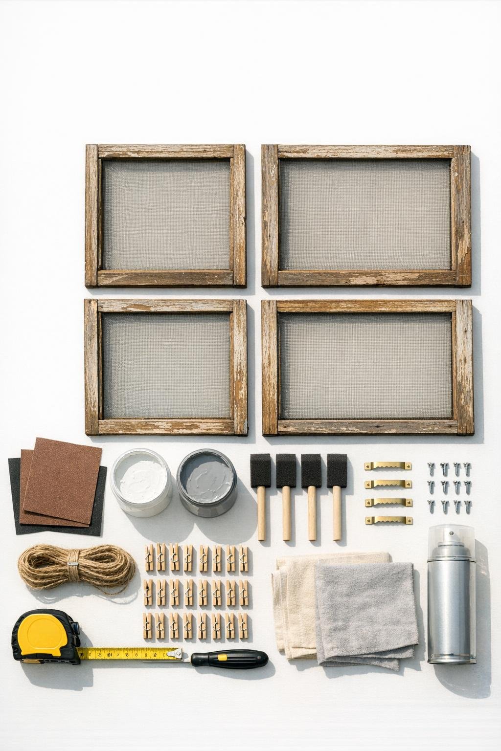 Materials for making four vintage memo boards from old window screens