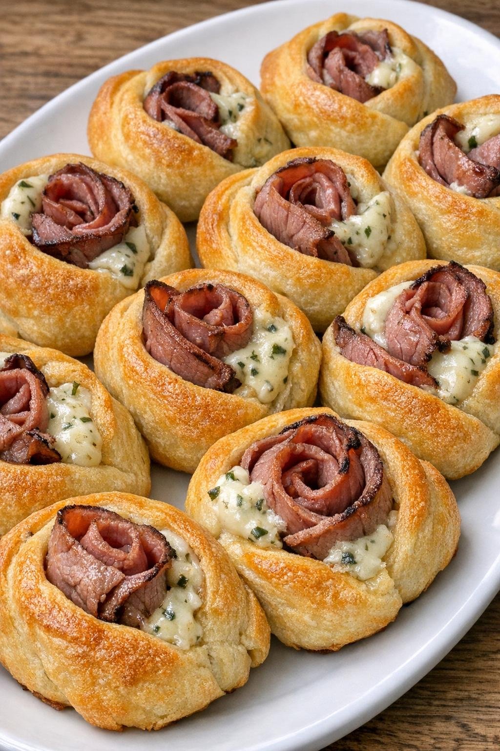 Golden brown crescent dough roses filled with roast beef and garlic herb cream cheese on a white oval platter