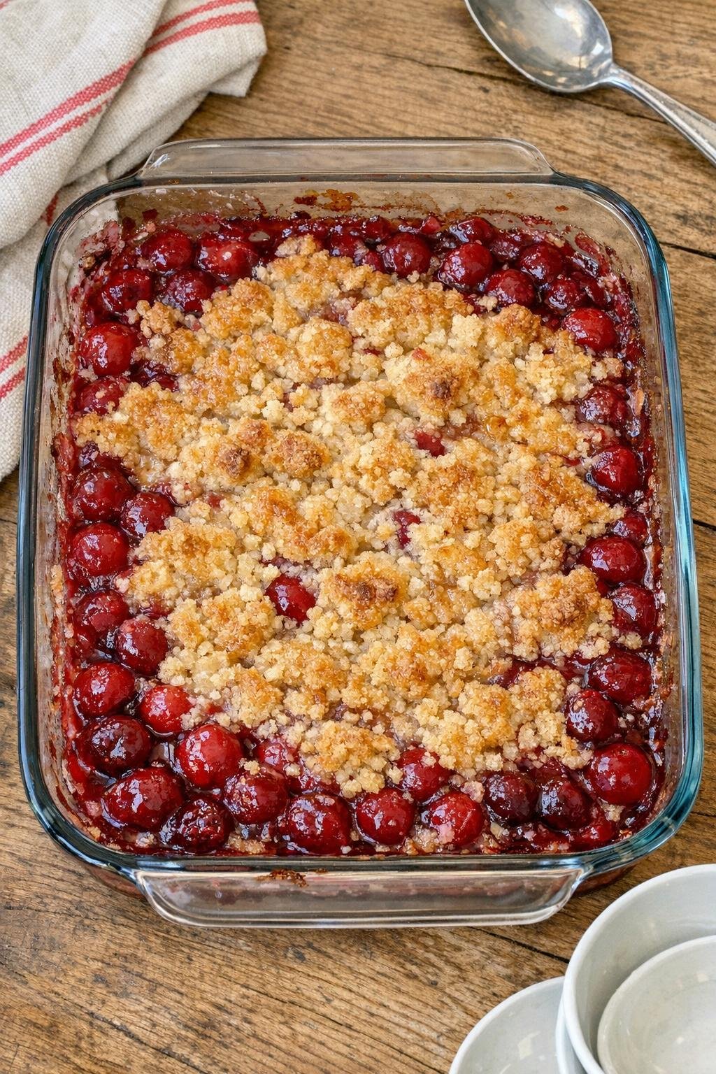 Baked tart cherry dessert in a glass baking dish