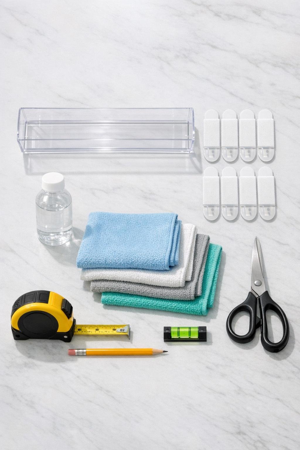 Materials for making an adhesive shower toiletry shelf laid out on a counter