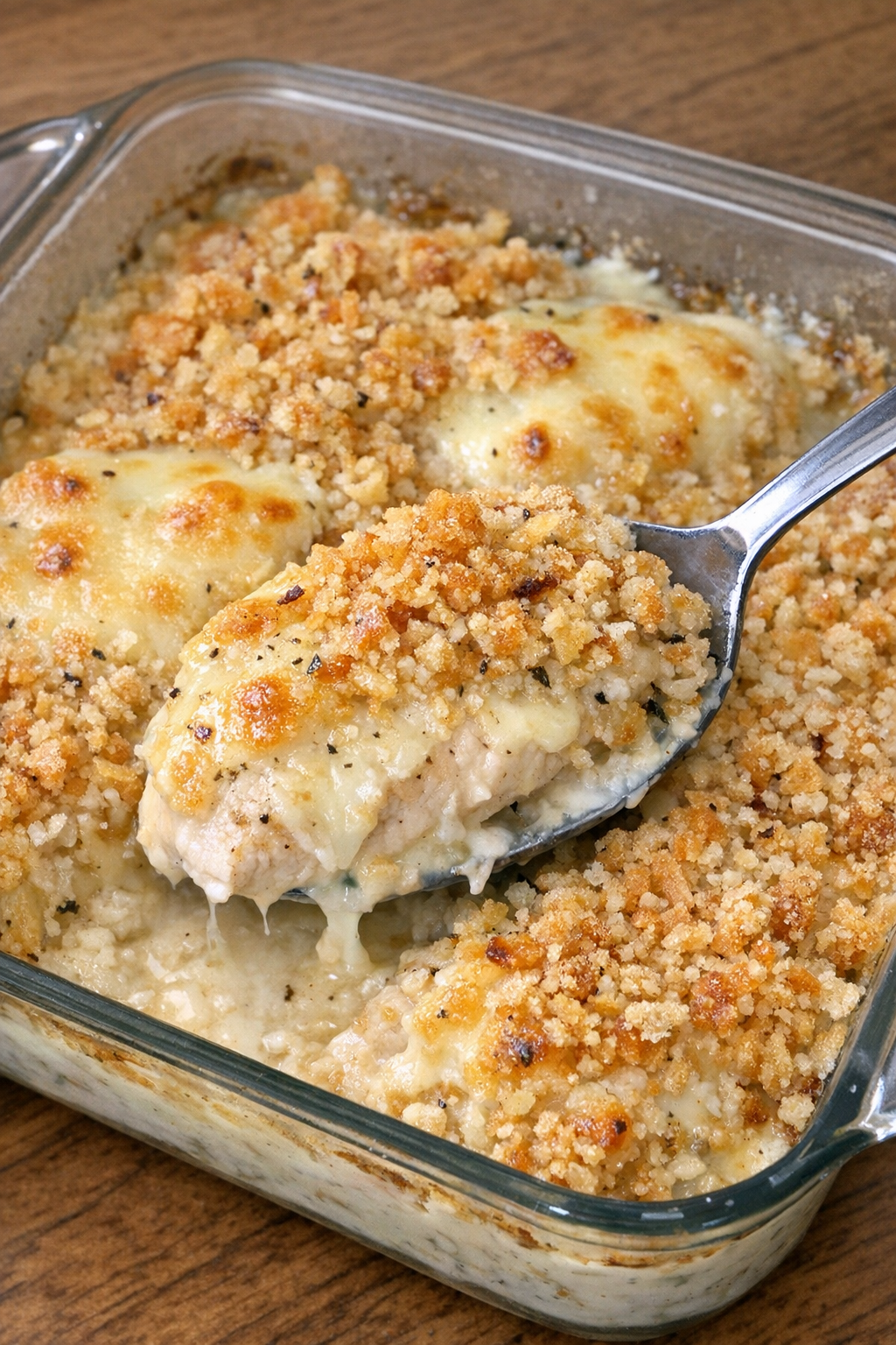 Creamy baked chicken with Swiss cheese topping