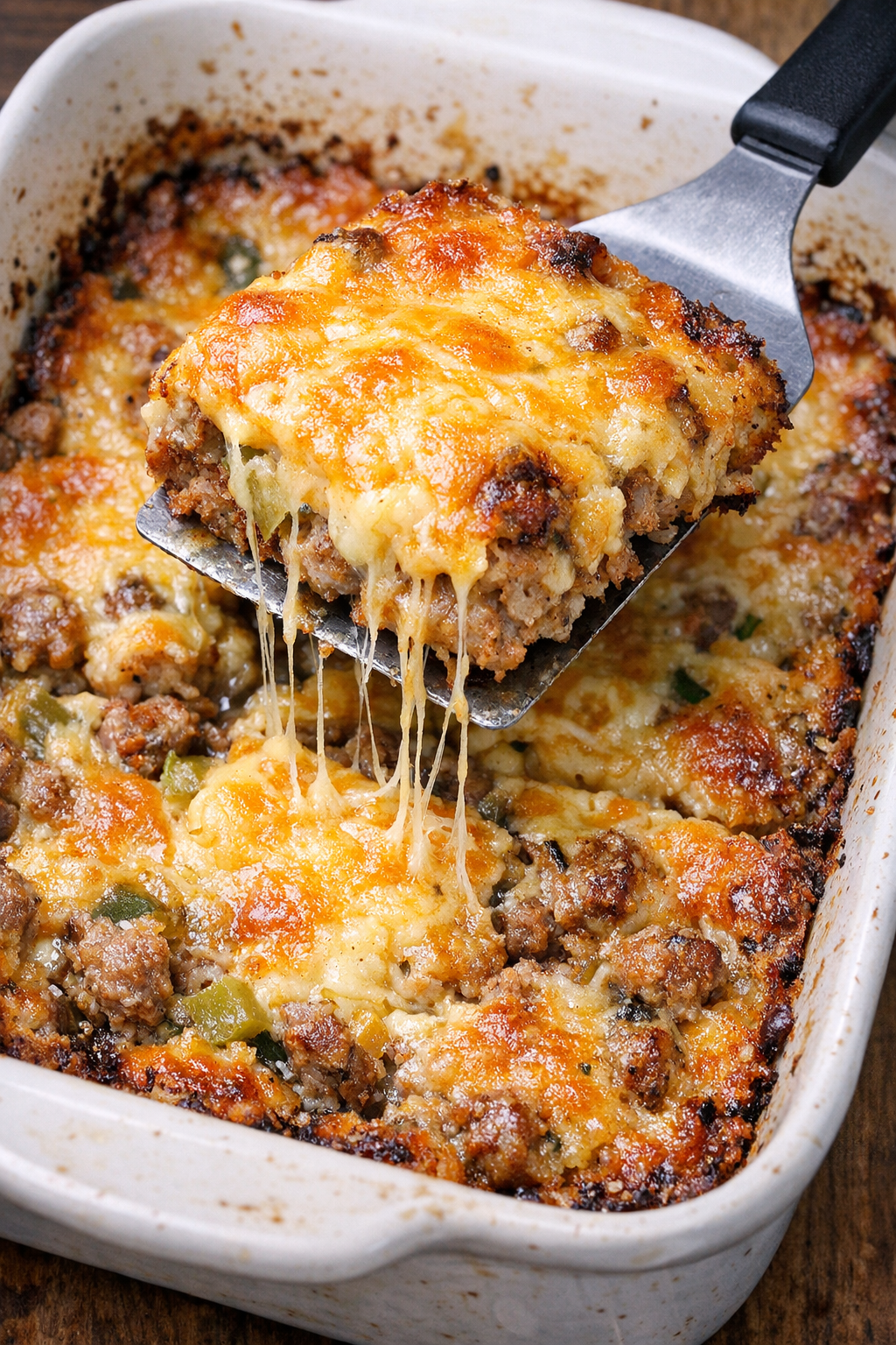 Finished sausage Winchester bake with melted cheese pull