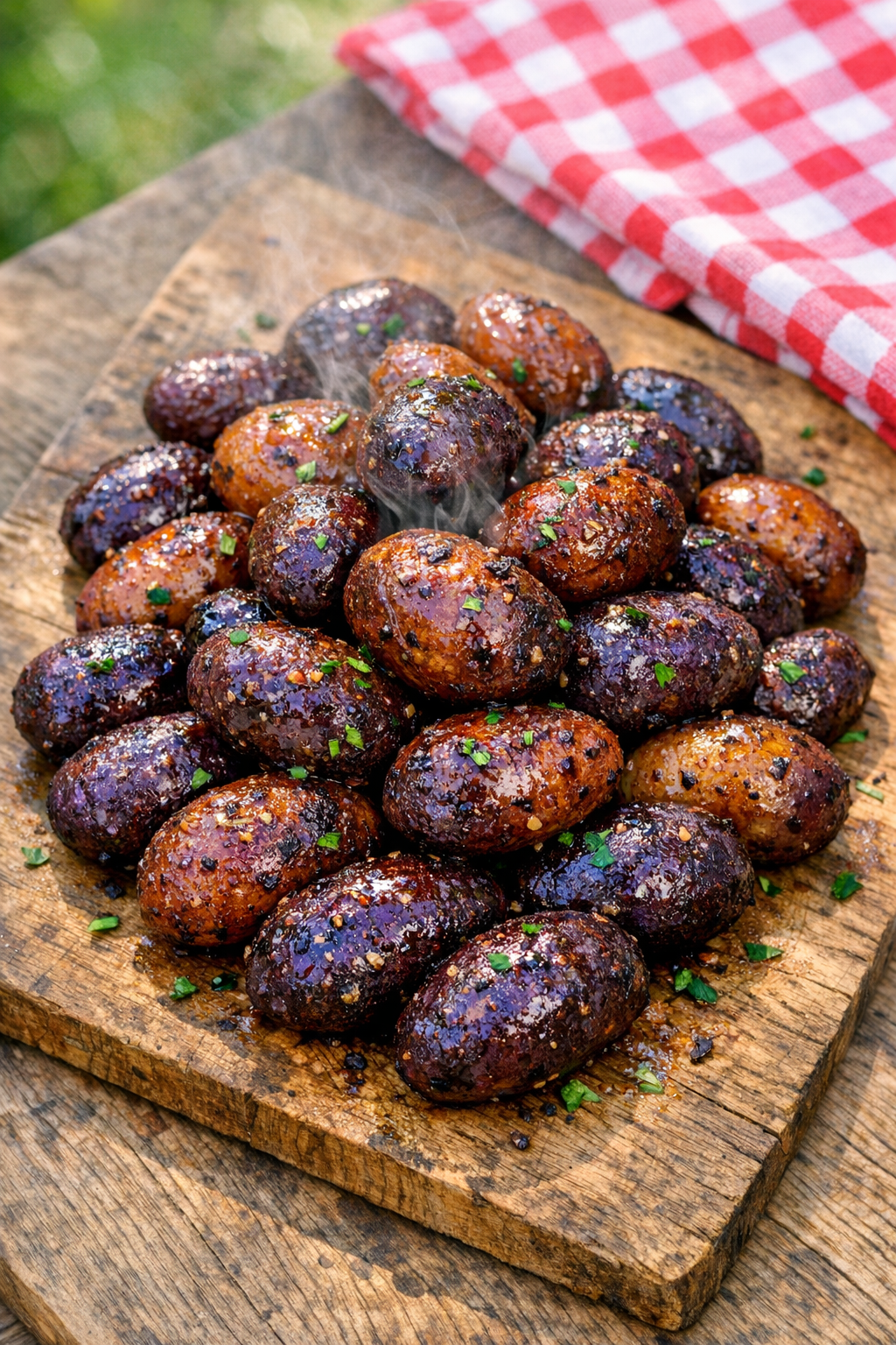 Finished glazed baby potatoes plated for serving